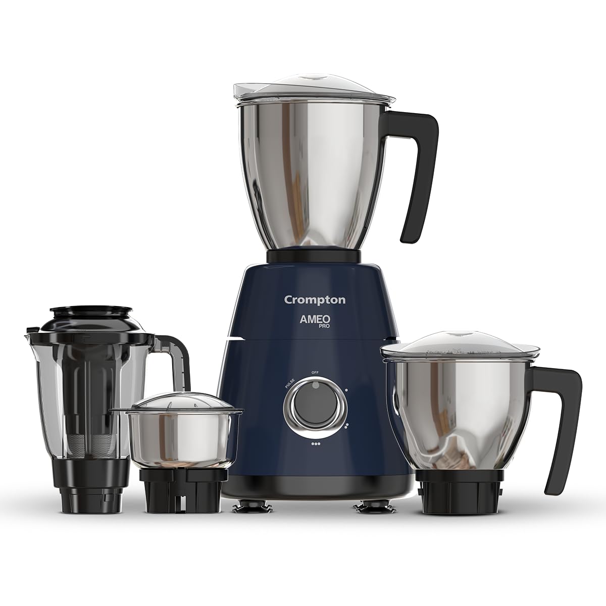 Crompton Ameo Pro 750W 4 Jar | Mixer Grinder | MaxiGrind | Motor Vent-X Technology |3 Stainless Steel Jars and 1 Juicer Jar | Black &amp; Blue