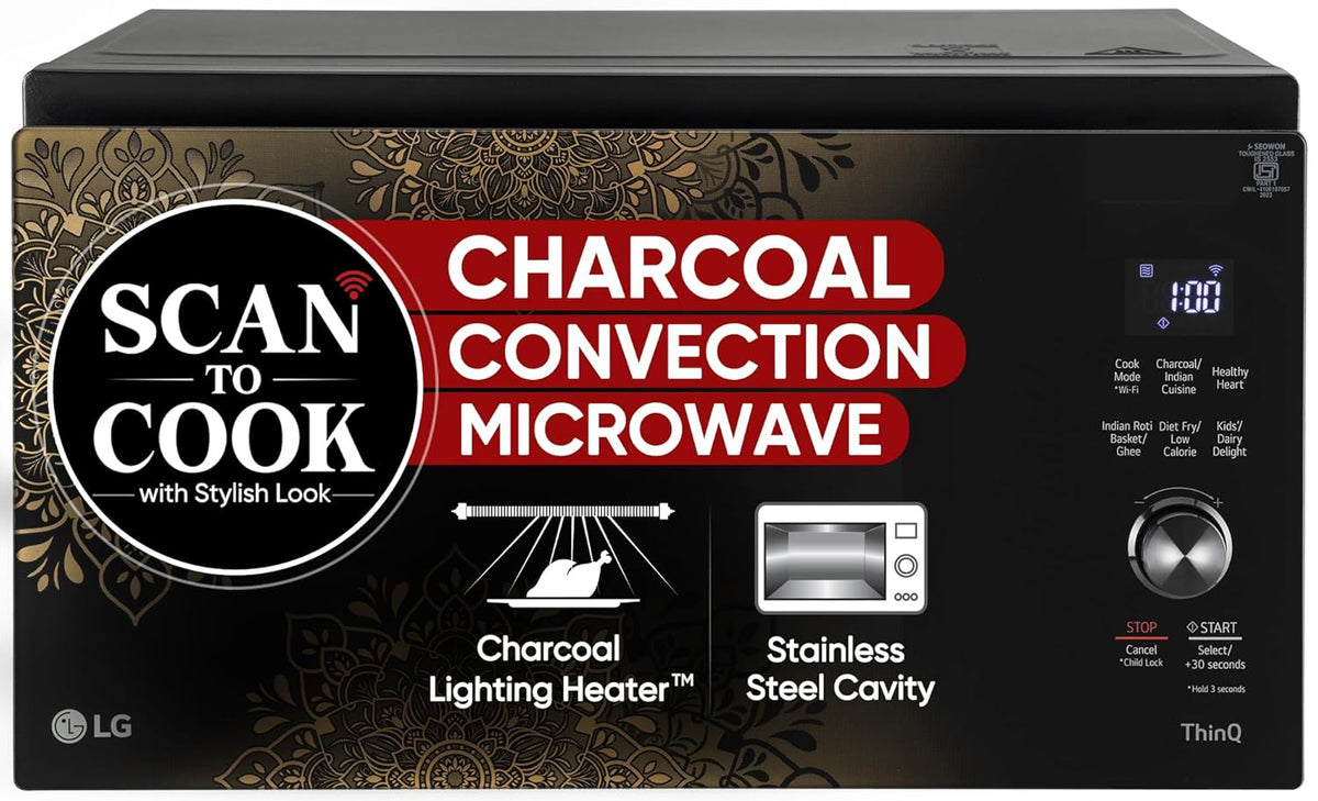 LG 32 L Scan to Cook Wi-Fi Enabled Charcoal Convection Healthy Microwave Oven (MJEN326UIW, Black - Regal Pattern, Heart Friendly Recipes, Pasteurized Milk, Ghee, Diet Fry &amp; 360° Motorised Rotisserie)