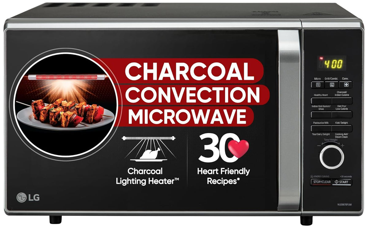 LG 28 L Charcoal Convection Microwave Oven (MJ2887BFUM, Black, with 360° Motorised Rotisserie &amp; Charcoal Lighting Heater with 10 years warranty)