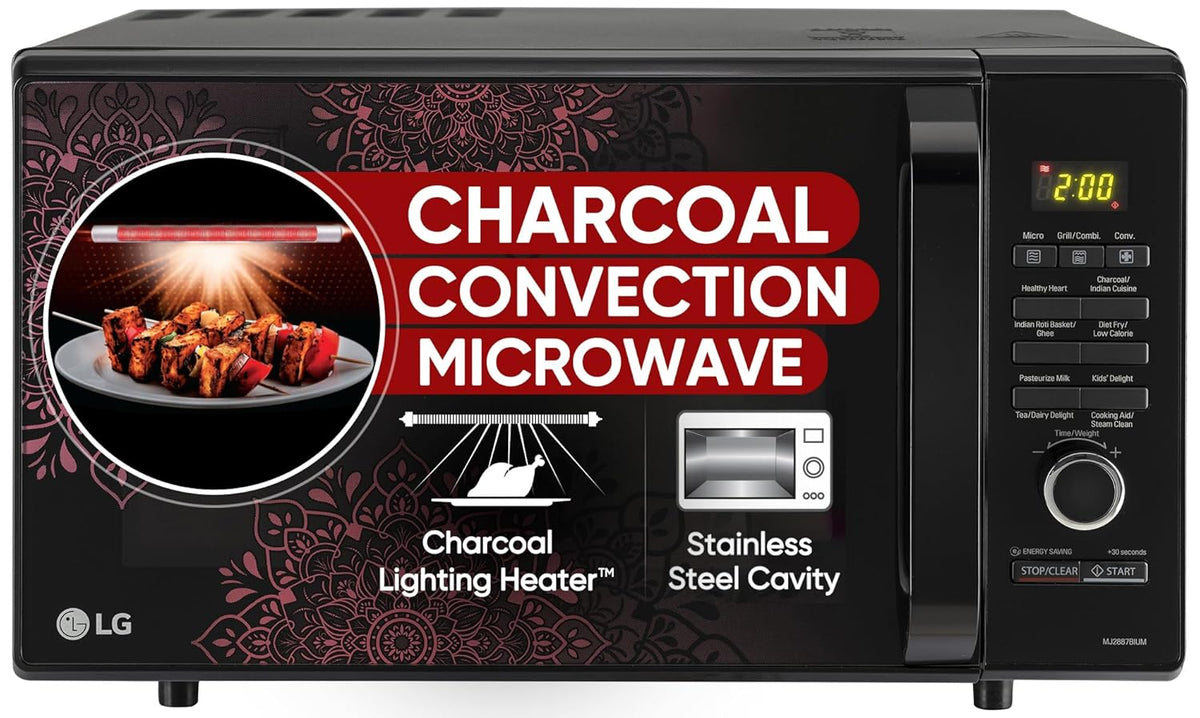 LG 28 L Charcoal Convection Healthy Microwave Oven (MJ2887BIUM, Black, Healthy Heart Recipes, Diet Fry, Pasteurized Milk, 360° Motorised Rotisserie &amp; 10 Years of warranty on Charcoal Heater)