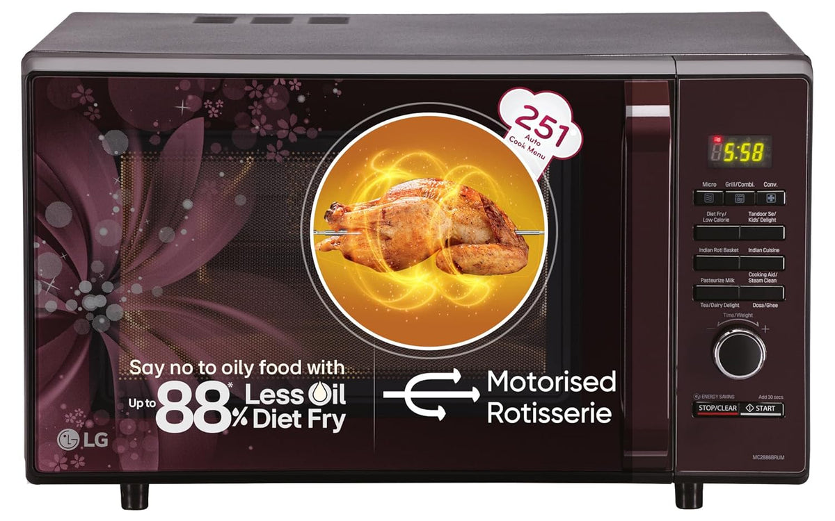 LG 28 L Convection Microwave Oven (MC2886BRUM, Black, 360° Motorised Rotisserie for Bar-be-queing, Diet Fry, Ghee in 12Mins, 251 Auto Cook Menu, Stainless steel cavity &amp; Health Plus Menu)