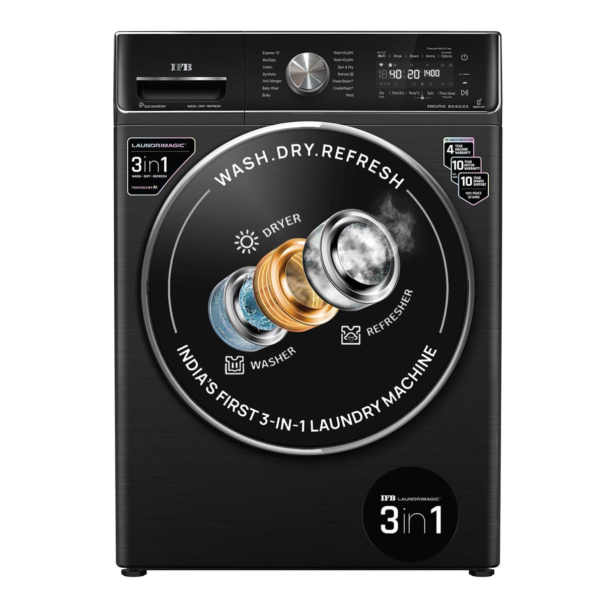 IFB 8.5 Kg / 6.5 Kg / 2.5 Kg 5 Star, Front Load 3-In-1, AI Powered, Fully Automatic Washer Dryer Refresh (2023 Model, Laundrimagic, Executive ZXB, 9 Swirl Wash, Eco Inverter Technology, Black)