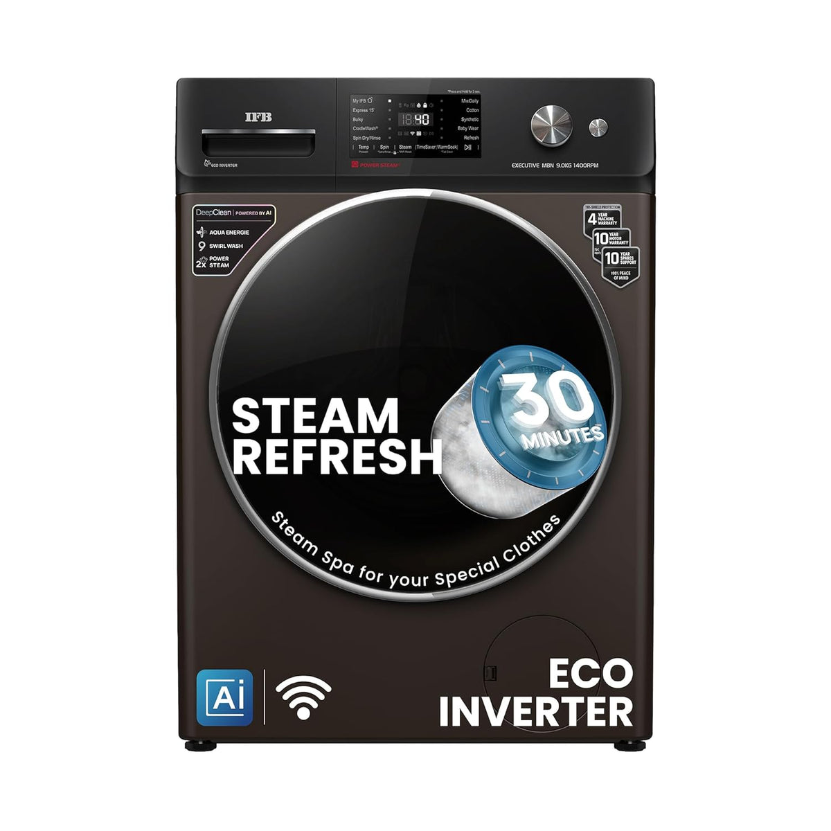 IFB  5 Star Powered by AI with 9 Swirl Wash, WiFi, Fully Automatic Front Load Washing Machine (Executive MBN 9014K CMS , Steam Refresh Program with Eco Inverter, Mocha)