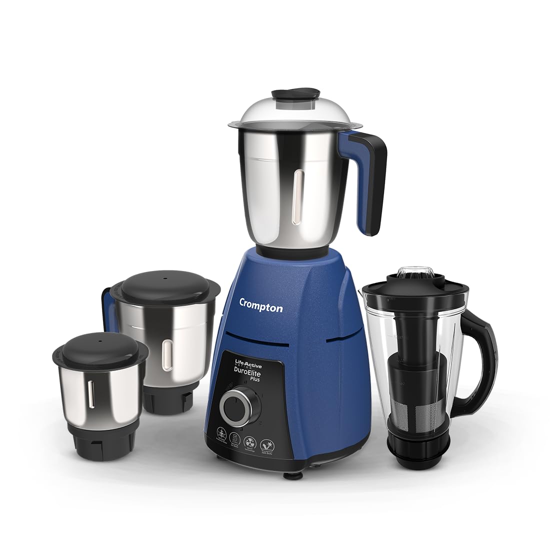 Crompton DuroElite Plus 800 W Mixer grinder with 4 Jars (3 stainless steel Jars+ 1.5L Juicer Jar with Fruit Filter)| Heavy Duty Powertron Motor &amp; Motor Vent-X Technology |Blue