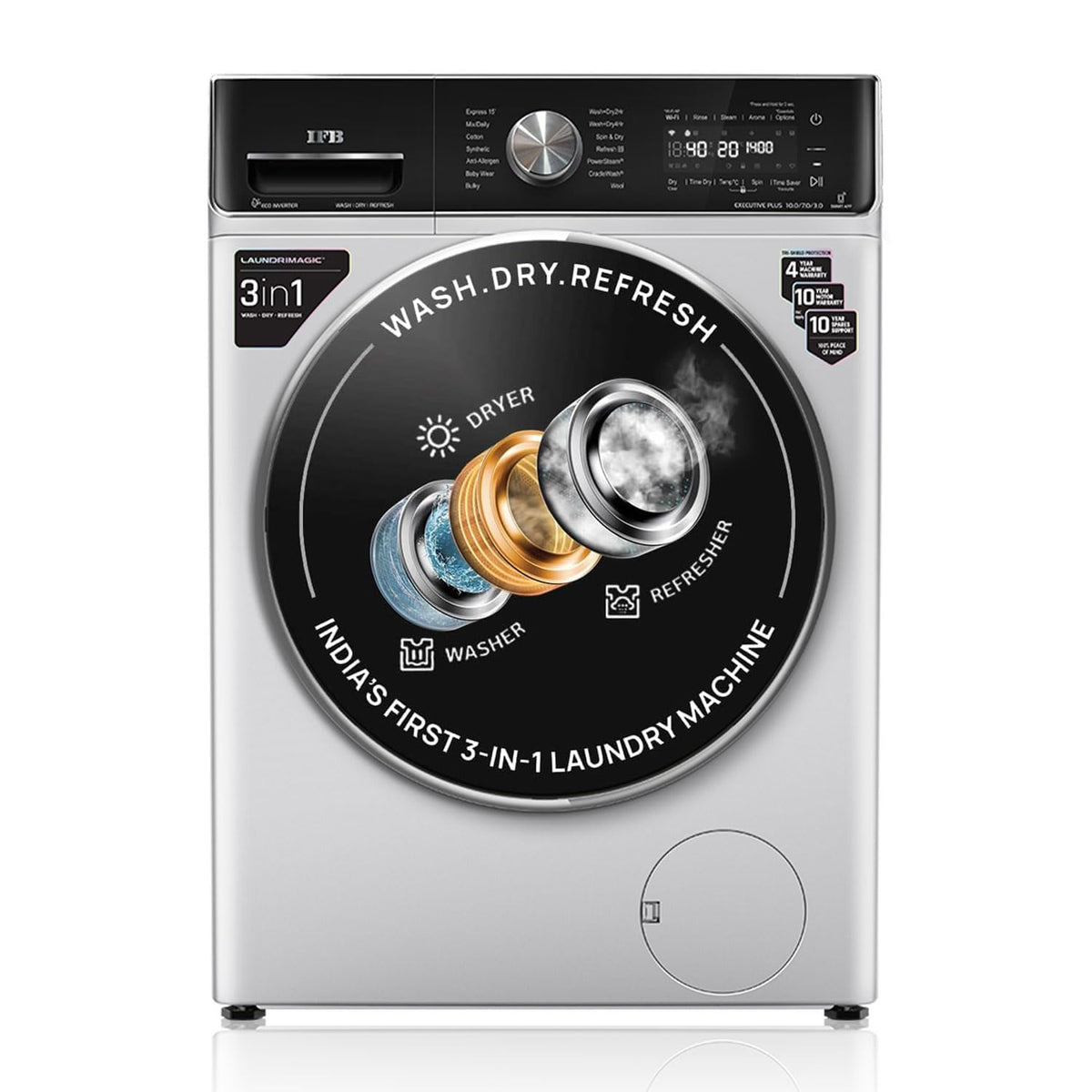 IFB 10 Kg/7 Kg/3 Kg 3-in-1, AI Powered, Fully Automatic Washer Dryer Refresher (IFB Laundrimagic®, EXECUTIVE PLUS ZXS 10/7/3, 9 Swirl Wash, Eco Inverter Technology, Rich Silver)