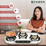 Faber 3 Burner Stainless Steel Gas Cooktop with Brass Burners, Manual Ignition & Euro-Coated Pan Supports – HOB COOKTOP CRYSTAL 3BB SS