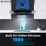 Faber Iris 75 cm Filterless Kitchen Chimney with 1500 m³/hr Suction, Auto-Clean, BLDC Motor & Touch/Gesture Control – HOOD IRIS HC SC FL BK IN 75