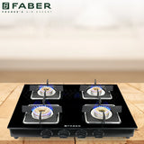 Faber 4 Burner Gas Cooktop with Brass Burners, Manual Ignition & Toughened Black Glass – HOB COOKTOP PEARL 4BB BK