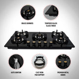 Faber 90 cm 5 Burner Built-in Gas Hob with Brass Burners, Auto Ignition & 8 mm Toughened Black Glass – Hob Maxus HT905 CRS BR CI AI