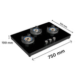 Faber 75 cm 3 Burner Gas Cooktop with Brass Burners, Manual Ignition & 8 mm Toughened Black Glass – NiOS DLX 753 BB BK