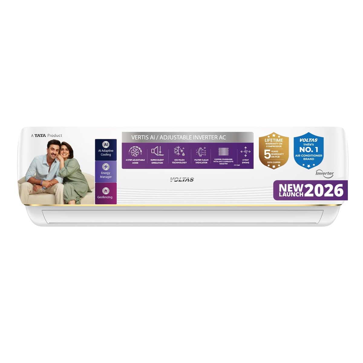 Voltas Split Air Conditioner, 1.5 Ton, 5 Star With Wi-Fi + App control - 185INV Vertis AI Zest Gold 2026 MODEL