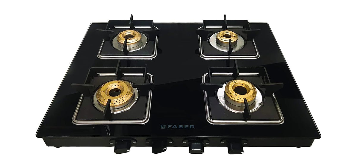 Faber Slim Gas Stove 4 Burner Glass Ceramic Cooktop (Hob Cooktop Remo 4Bb Bk) Black, Manual Ignition