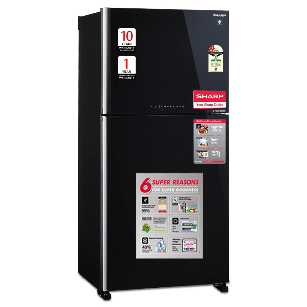 SHARP 613L 2 Star J-Tech Inverter Frost Free Double Door Refrigerator (SJGP60TBKEC, Glass Black, Plasmacluster Ions, Express Freeze, Hybrid Cooling)