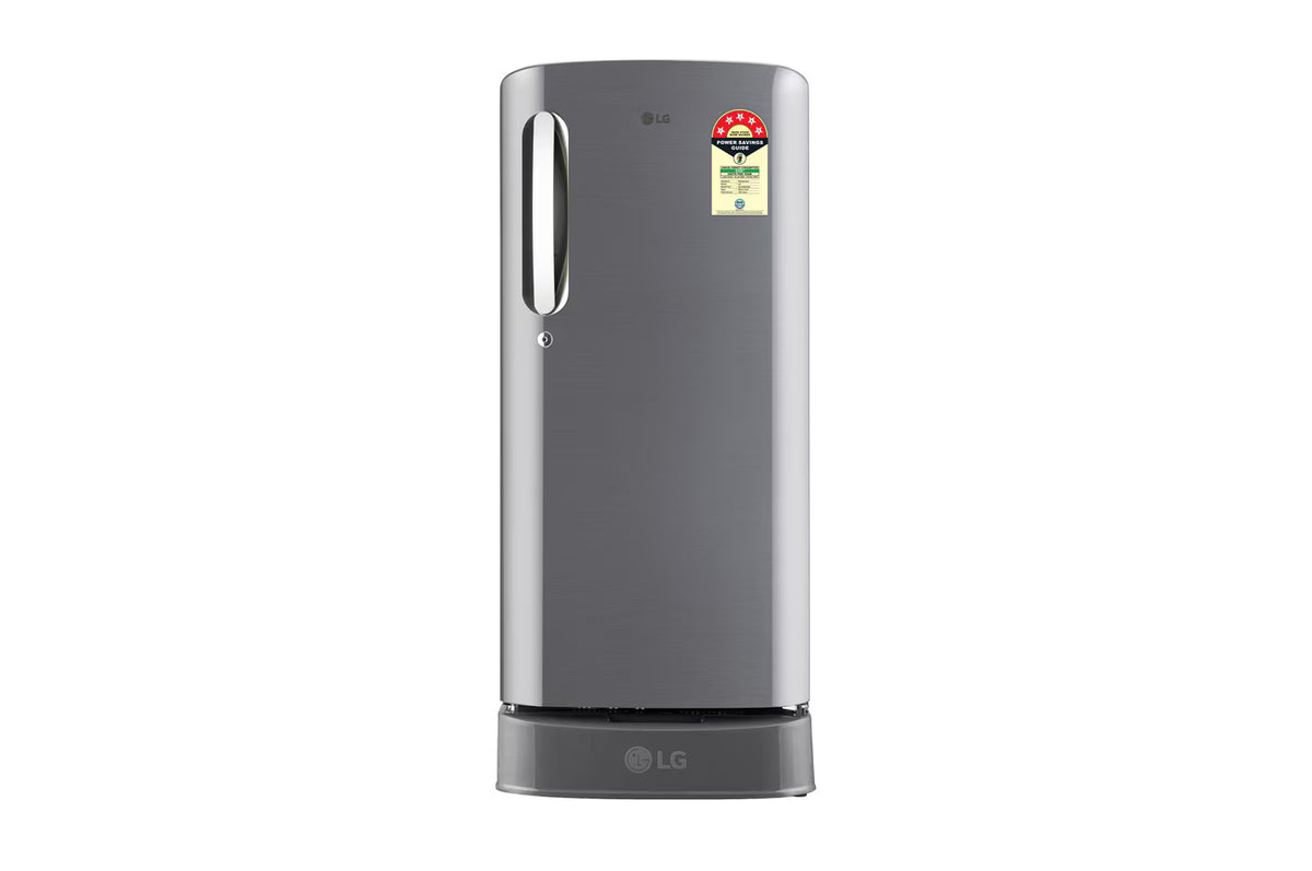 LG 185 L Single Door Refrigerator with Base Stand Drawer, Smart Inverter Compressor, Shiny Steel, 5 Star,(GLD1956ZAPZ)
