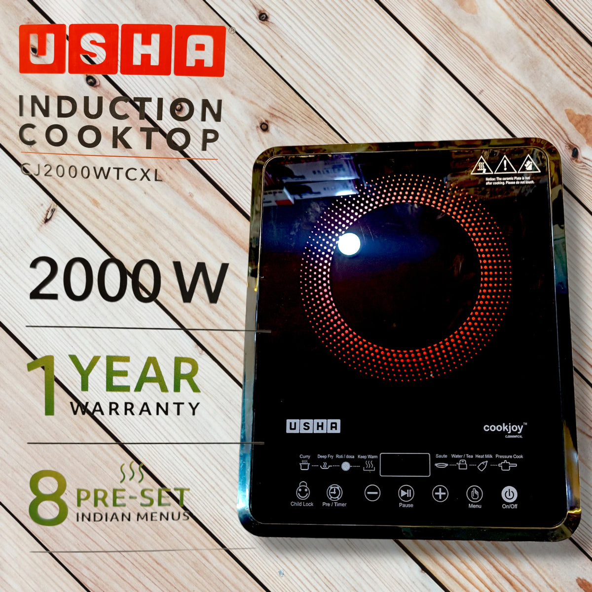 Usha CJ2000WTCXL 2000 Watt Induction Cooktop | Touch Control | Black