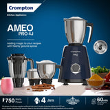 Crompton Ameo Pro 750W 4 Jar | Mixer Grinder | MaxiGrind | Motor Vent-X Technology |3 Stainless Steel Jars and 1 Juicer Jar | Black &amp; Blue