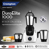 Crompton Duroelite 1000 watts 3 jar | Mixer Grinder | 100% copper motor | Ball bearing | Metal jar base | LED speed indicator | Lid lock design | Black and white