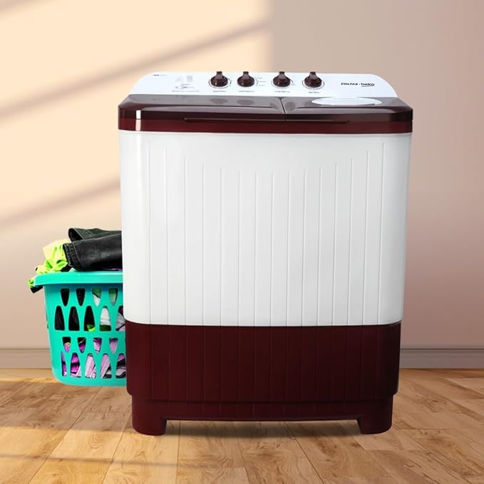 Voltas Beko 7 kg with Fast Dry Double Waterfall 5 Wing Pulsator Semi Automatic Top Load Washing Machine (Maroon &amp; White, WTT70DBRTF)