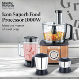 Morphy Richards Icon Superb Food Processor 1000W | 3.2L Bowl | 2 SS Jars + 1 Juicer | 11 Attachments: Kneader, Chopper, Slicer, Shredder, Fry Cutter | Quadra Flow | 2 Year Warranty | 【Glazing Copper】