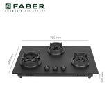 Faber Della 3 Burner 72Cm Hob |Auto Ignition|Brass Burner| Cast Iron Pan Support |Hob/Cooktop Hybrid| Matt Black Glass Finish |5 Yrs Warranty On Glass & Valve | 5 Yrs On Burner|Hob Della HD723 CI AI