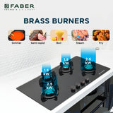 Faber Prime 4 Burner Built-In Gas Hob with Brass Burners, Toughened Black Glass, Cast Iron Pan Support & Auto Ignition – HOB PRIME HT904 CRS BR CI AI