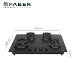 Faber Della 4 Burner 72cm Hob |Auto-Ignition|Brass Burner| Cast Iron Pan Support |Hob/Cooktop Hybrid| Matt Black Glass Finish |5 Yrs Warranty on Glass & Valve | 5 Yrs on Burner|Hob Della HD724 CI AI