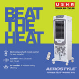 USHA Aerostyle Electronic 50L Tower Air Cooler (50AST1E) – 1400 m³/h Air Delivery, 6m Air Throw, Remote Control, Honeycomb Pads, Ice Chamber & Humidity Control