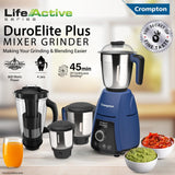Crompton DuroElite Plus 800 W Mixer grinder with 4 Jars (3 stainless steel Jars+ 1.5L Juicer Jar with Fruit Filter)| Heavy Duty Powertron Motor &amp; Motor Vent-X Technology |Blue