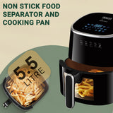 INALSA Air Fryer for Home|5.5 liter Capacity|Visible Window &amp; Internal Light|1600 W with Smart AirCrisp Technology|6-In-1 Appliance With 8 Preset Menu &amp; Digital Display (Tasty fry DW5.5) Black