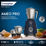 Crompton Ameo Pro 750W 3 Jar | Mixer Grinder | MaxiGrind | Motor Vent-X Technology |3 Stainless Steel Jars and 1 Juicer Jar | Black &amp; Blue