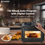 Faber Air Fryer Oven 20L,1500 Watts, Digital Control, Bake Tray, SS Wire Tray & Basket, Crumb Tray, | 15 Preset Auto Program | Bake,Roast,Fry,Toast,Defrost | FAO 20L BK 15DF
