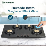 Faber Prime 4 Burner Built-In Gas Hob with Brass Burners, Toughened Black Glass, Cast Iron Pan Support & Auto Ignition – HOB PRIME HT904 CRS BR CI AI