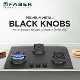 Faber Della 3 Burner 72Cm Hob |Auto Ignition|Brass Burner| Cast Iron Pan Support |Hob/Cooktop Hybrid| Matt Black Glass Finish |5 Yrs Warranty On Glass & Valve | 5 Yrs On Burner|Hob Della HD723 CI AI