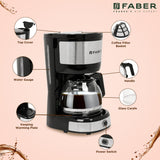 Faber Drip Coffee Machine FCM 0.6L SS BK 800W|| 4 Big Cups||Warming Plate- Keeps Coffee Warm for 30 mins