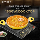 Faber Zion 1600W Induction Stove | 5 Auto-Cook Functions, Auto Pan Detection, Preset Timer, Overheat Protection | Shock-Proof Body, Black Crystal Glass, Soft-Touch Control, LED Display