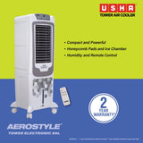 USHA Aerostyle Electronic 50L Tower Air Cooler (50AST1E) – 1400 m³/h Air Delivery, 6m Air Throw, Remote Control, Honeycomb Pads, Ice Chamber & Humidity Control