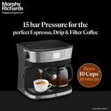 Morphy Richards DuoPresso 2-in-1 Coffee Maker|Drip &amp; Espresso| 15 bar Pressure| Digital Display|Removable Drip Tray| Upto 10 cups* of Coffee| Keep Warm Tray| 2-Yr Warranty by Brand|Black