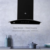KAFF 60 CM Filter-less Auto Clean Curved Glass Kitchen Chimney, 1250 m3/hr Suction Capacity with Motion Sensor, Touch Control, Black Glass Clad Hood with LED Insignia (VASCO DHC 60, Black)