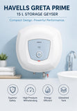 Havells Greta Prime 15L Storage Water Heater 2000W – White & Blue | Glassline Coated Tank