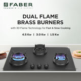 Faber Della 3 Burner 72Cm Hob |Auto Ignition|Brass Burner| Cast Iron Pan Support |Hob/Cooktop Hybrid| Matt Black Glass Finish |5 Yrs Warranty On Glass & Valve | 5 Yrs On Burner|Hob Della HD723 CI AI