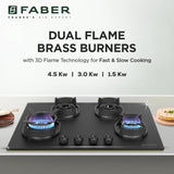 Faber Della 4 Burner 72cm Hob |Auto-Ignition|Brass Burner| Cast Iron Pan Support |Hob/Cooktop Hybrid| Matt Black Glass Finish |5 Yrs Warranty on Glass & Valve | 5 Yrs on Burner|Hob Della HD724 CI AI