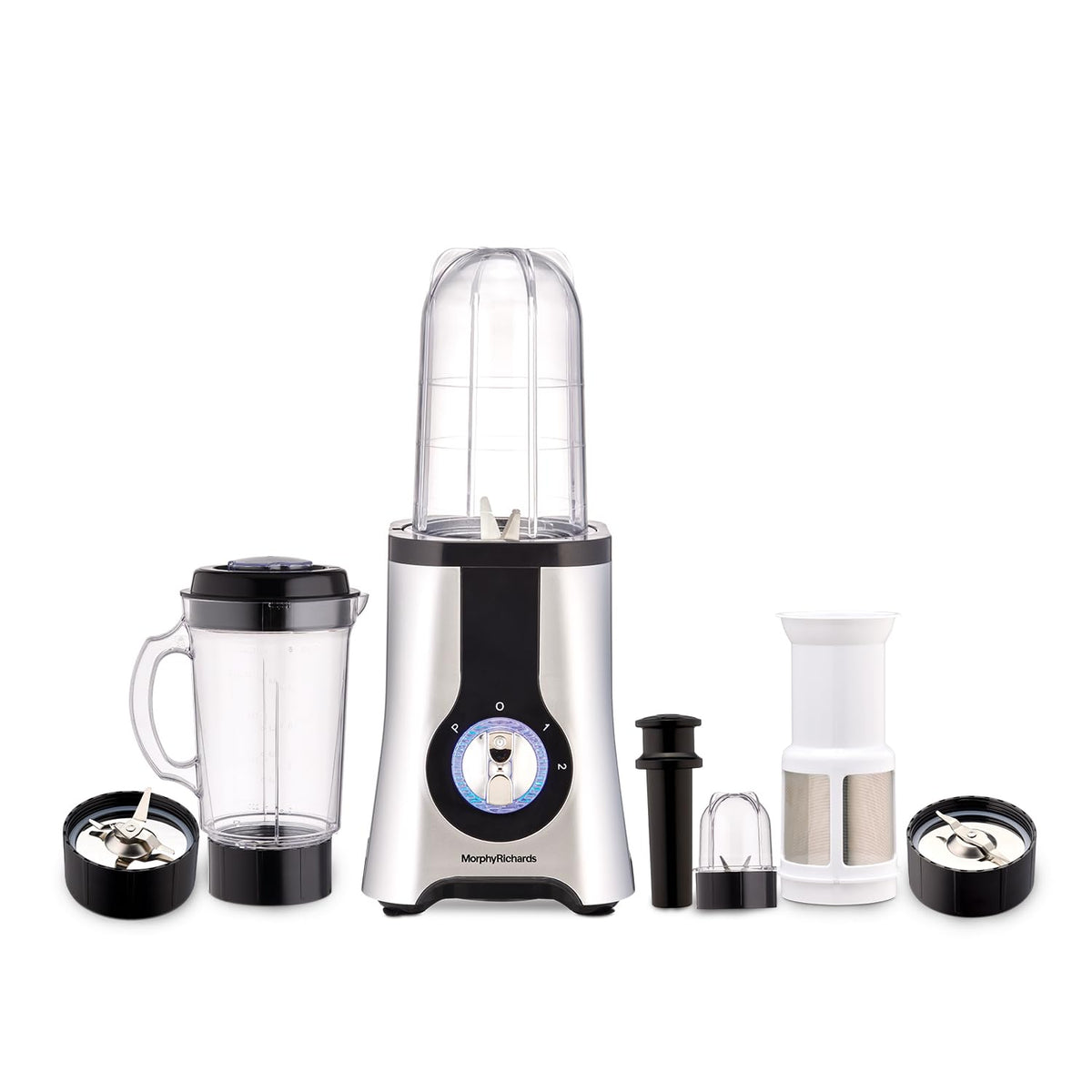 Morphy Richards 4-in-1 BlendMaster Table Blender 400W | Multifunctional: Grind, Crush, Chop &amp; Extract |SS Blades | 4 Jars | 24,000 RPM High-Speed | 2-Speed + Pulse Mode | 2-Yr Warranty【Silver &amp; Black】