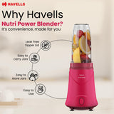 Havells Nutri Power Blender 350W Pink | 1-Speed Mixer Grinder with Sipper Lid