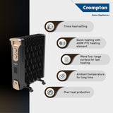 Crompton 11 Fin Insta Ferver wave Fin OFR (Oil Filled Radiator)|Room Heater|2900 W|3 Heat Settings &amp; PTC Fan Heater| Comfortable Breathing|360° Heating (Black)|2yrs warranty|Black &amp; Copper