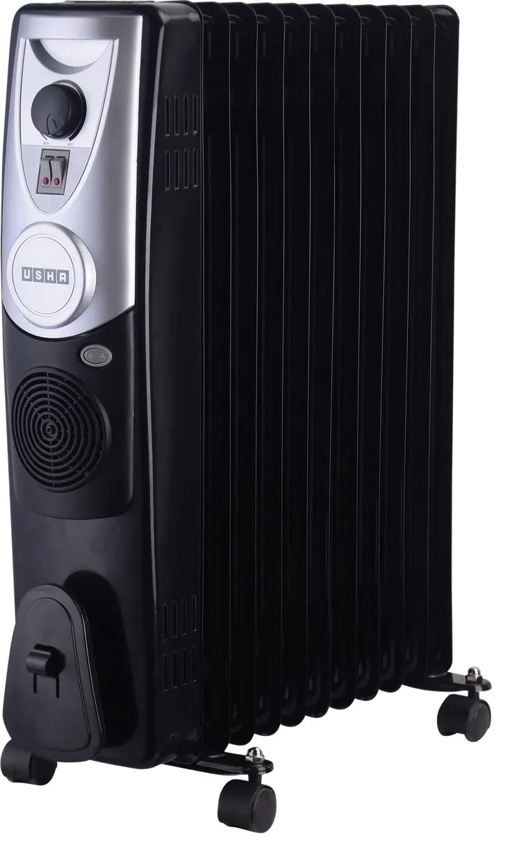 USHA OFR 4211 F PTC 2500W Oil Filled Radiator Room Heater with 11 Fins, 3 Heat Settings, Adjustable Thermostat, Built-in Fan, Overheat & Tip-Over Protection (Black)