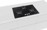 Bosch Built in Gas Hob Black Tempered glass Glass 3 Burner Auto Ignition 75 cm Italian Double Ring Burners (PND7B6B10I)