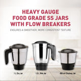 USHA Colt Prime Mixer Grinder| 500W| Powerful 100% Copper Motor| Rust Resistant Stainless Steel Jars &amp; Blades| Uniform Grinding with 3 Jars| 5 Years Motor Warranty