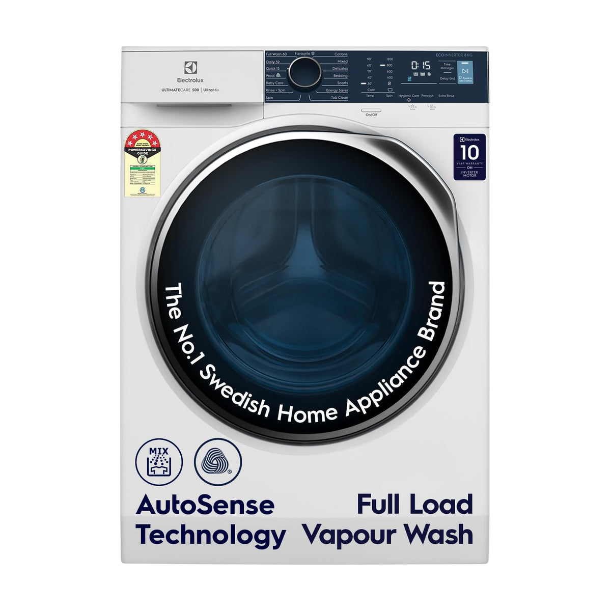 Electrolux 8kg 5 Star Fully Automatic Front Load Washing Machine with UltraMix, Full Load Vapour Wash for Sustainable Clothing, Hygienic Care, EcoInverter, White, UltimateCare 500, EWF8024R5WB