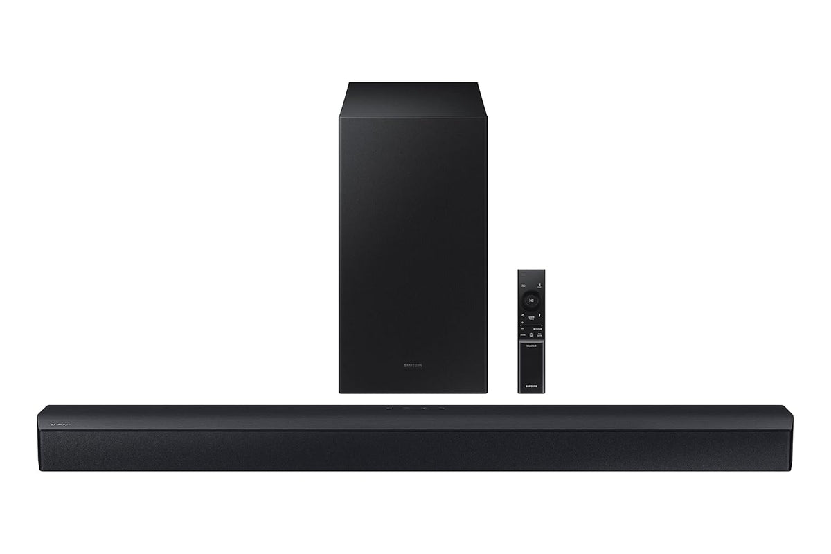 Samsung 300 W 2.1 ch Dolby Audio Soundbar, DTS Virtual:X, Surround Sound Expansion, Bluetooth, Optical in, USB, Wireless Subwoofer (HW-C450/XL, Black)