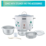 USHA RC18GS2 Steamer 700 Watt Automatic Rice Cooker 1.8 Litres with Powerful Heating Element, Keep Rice Warm for 5 Hrs, 2 Cooking Pans, Steamer, Trivet Plate &amp; more accessories, 5 Yrs Warranty (White)